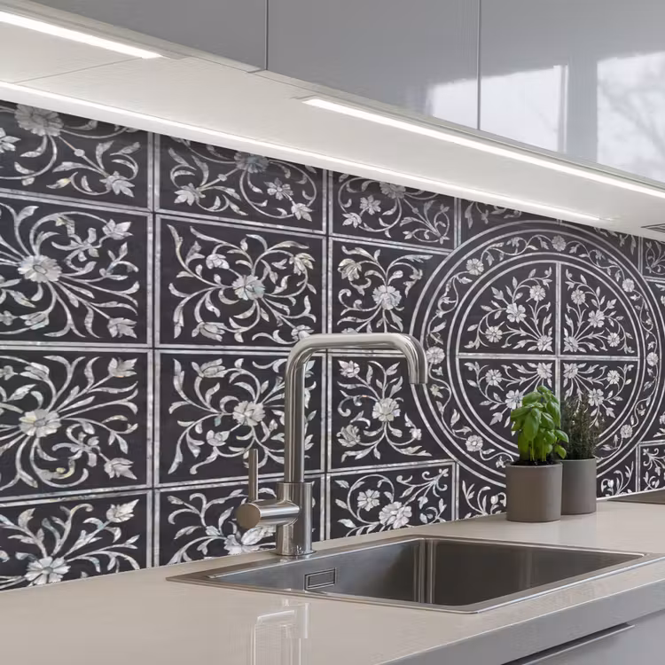 Patroon - Bloemmotief - Decoratie - Klassiek - Zwart keuken achterwand 2 middel -3d_schuin