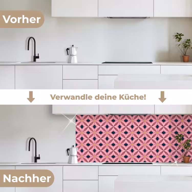 Patroon - Bloemblaadjes - Roze - Blauw keuken achterwand 2 middel 871 -voor-na_DE