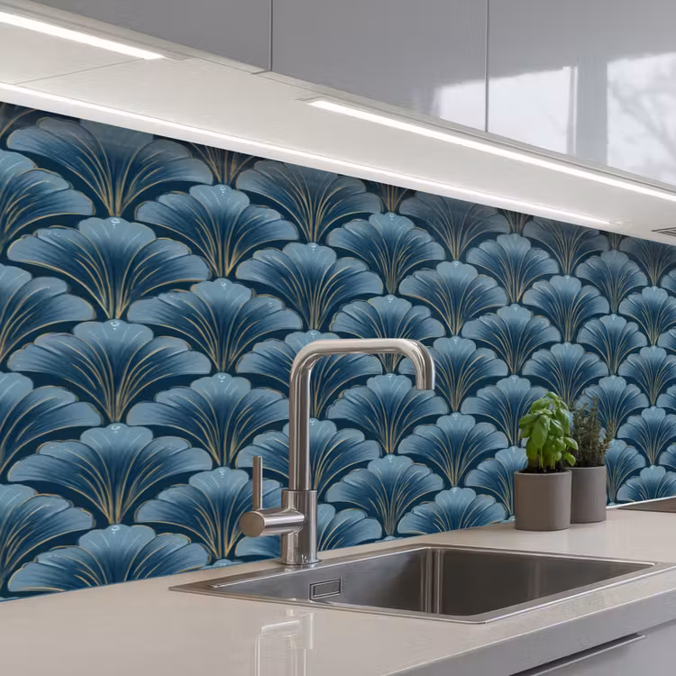 Patroon - Ginkgoblad - Blauw keuken achterwand 2 middel 871 -3d_schuin