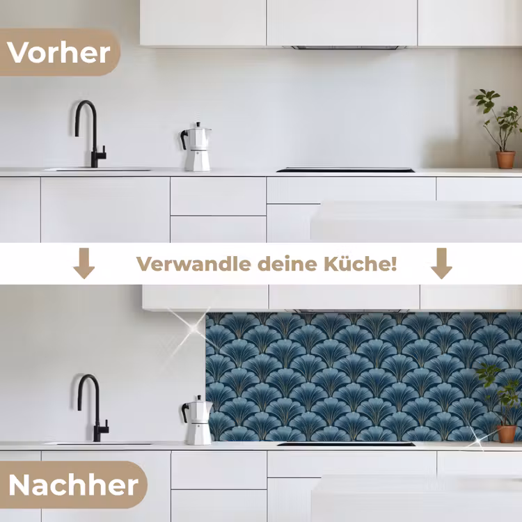 Patroon - Ginkgoblad - Blauw keuken achterwand 2 middel 871 -voor-na_DE