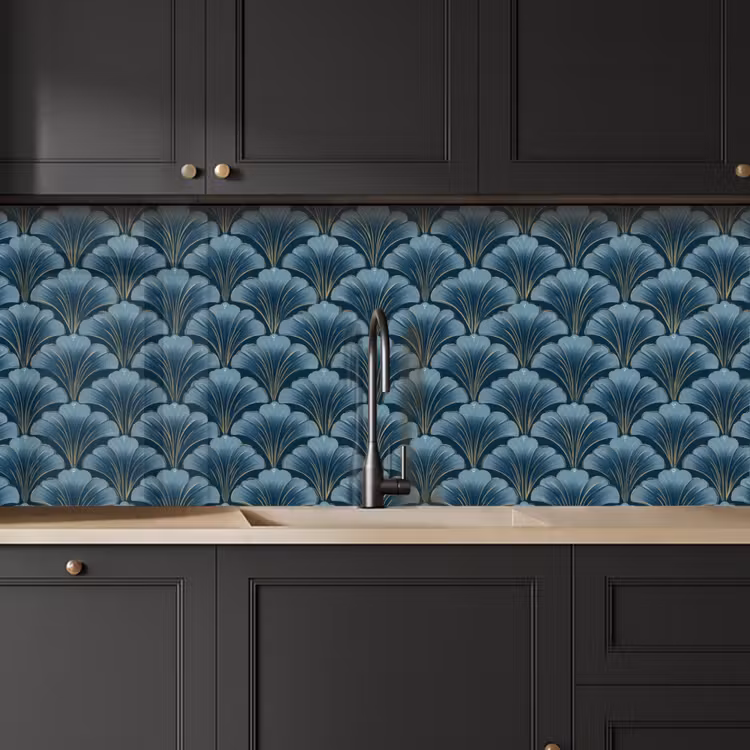 Patroon - Ginkgoblad - Blauw keuken achterwand 2 middel 871 -sfeer1