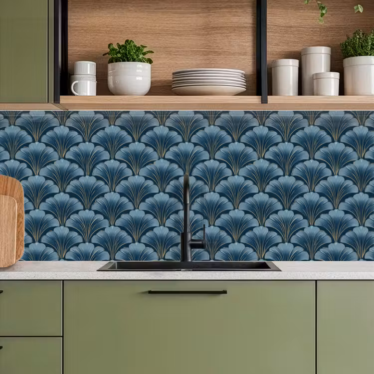 Patroon - Ginkgoblad - Blauw keuken achterwand 2 middel 871 -sfeer3