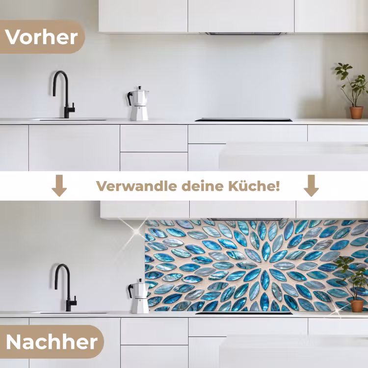 Patroon - Glans - Abstract - Blauw - Decoratie keuken achterwand 2 middel -voor-na_DE