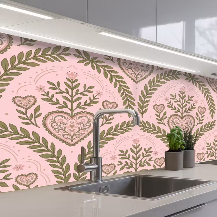 Patroon - Hart - Bloemen - Folkloristisch - Roze keuken achterwand 2 middel -3d_schuin