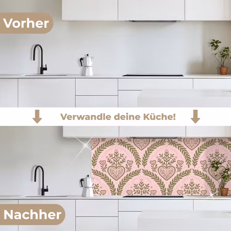 Patroon - Hart - Bloemen - Folkloristisch - Roze keuken achterwand 2 middel -voor-na_DE