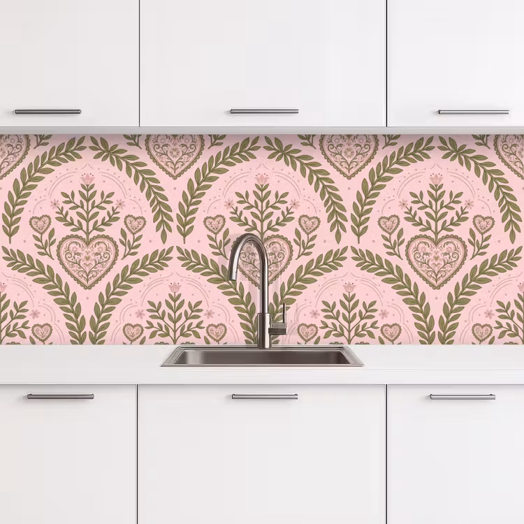 Patroon - Hart - Bloemen - Folkloristisch - Roze keuken achterwand 2 middel -3d