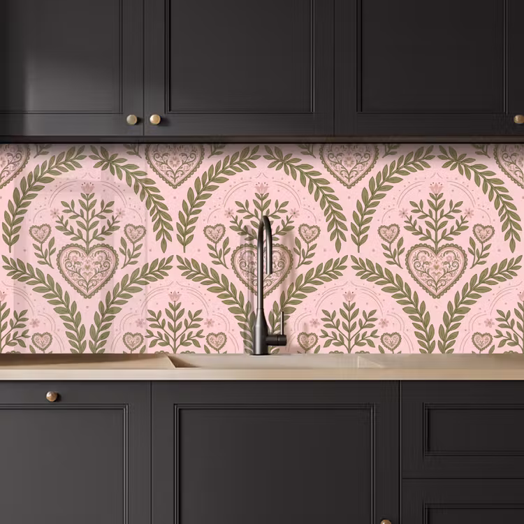 Patroon - Hart - Bloemen - Folkloristisch - Roze keuken achterwand 2 middel -sfeer1