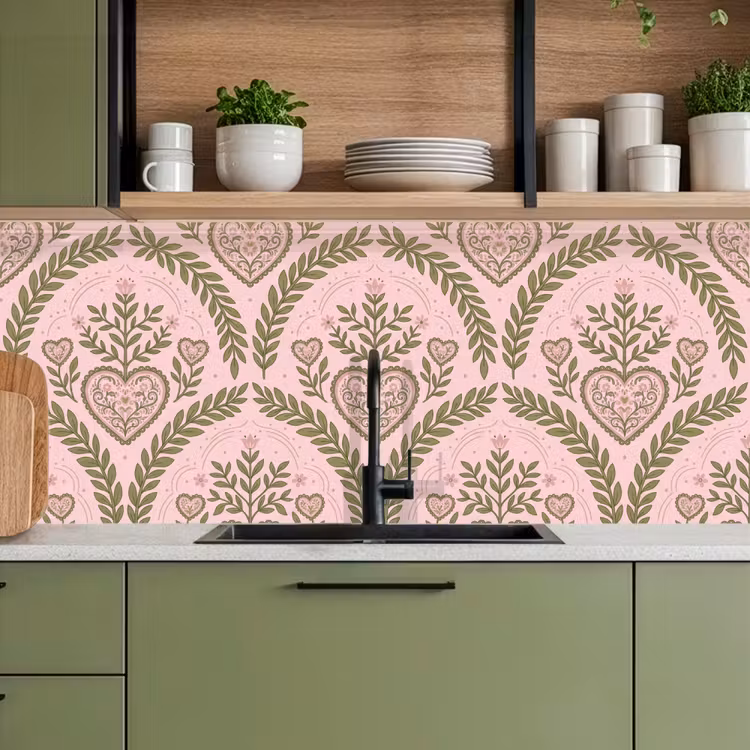 Patroon - Hart - Bloemen - Folkloristisch - Roze keuken achterwand 2 middel -sfeer3