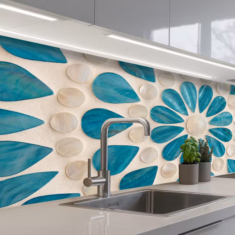 Patroon - Mozaïek - Schelpen - Abstract - Turquoise keuken achterwand 2 middel -3d_schuin
