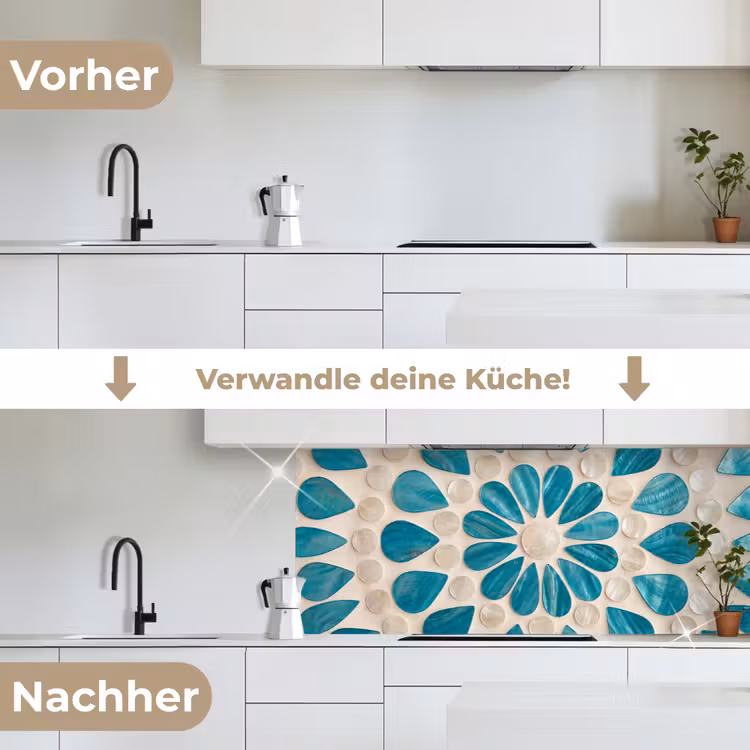 Patroon - Mozaïek - Schelpen - Abstract - Turquoise keuken achterwand 2 middel -voor-na_DE