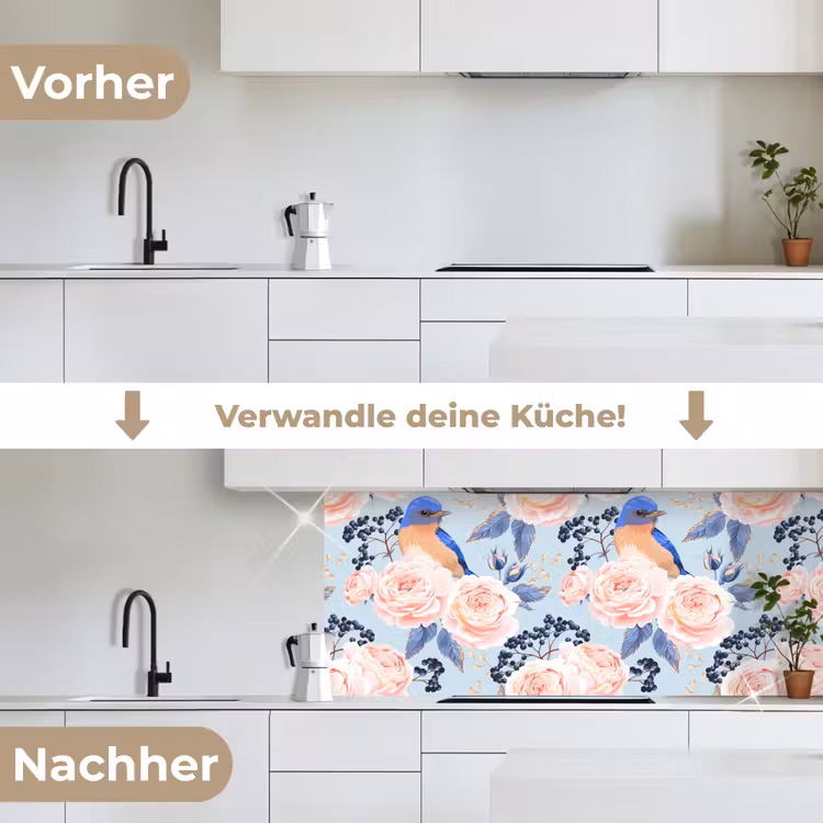 Patronen - Roos - Vogel - Blauw keuken achterwand 2 middel 871 -voor-na_DE