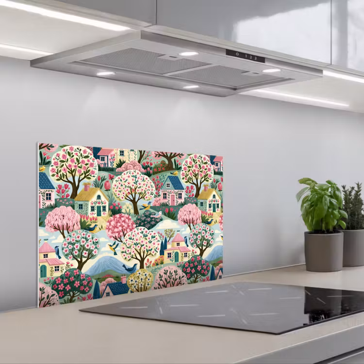 Nostalgisch - Idyllisch - Kleurrijk keuken achterwand spatscherm klein 900 -3d_schuin