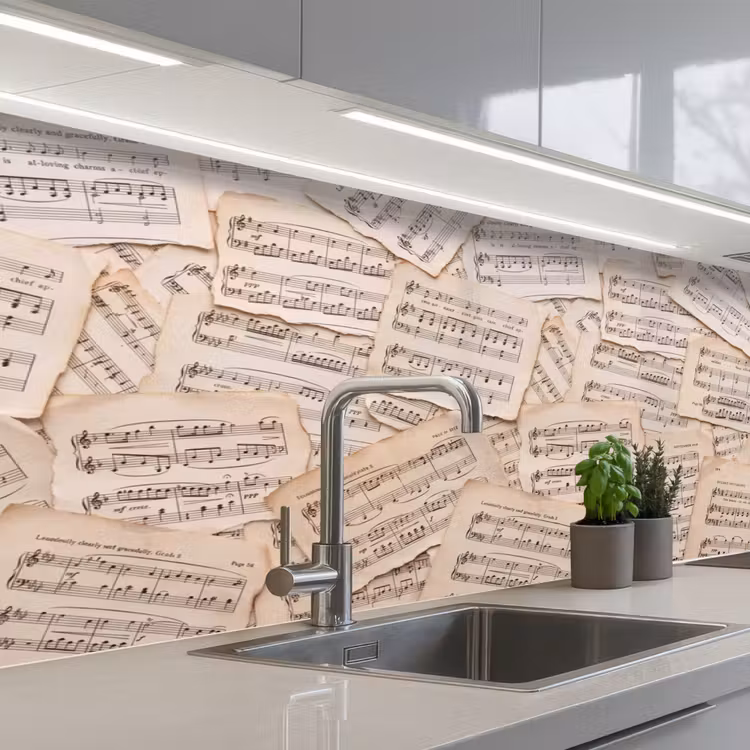 Bladmuziek - Oud - Noten - Vintage - Beige keuken achterwand 2 middel -3d_schuin