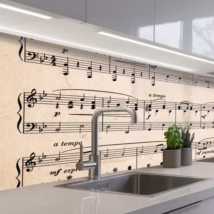 Muzieknotatie - Notenbalken - Kunst - Klassiek - Beige keuken achterwand 2 middel -3d_schuin