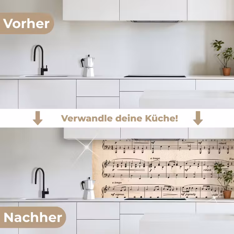Muzieknotatie - Notenbalken - Kunst - Klassiek - Beige keuken achterwand 2 middel -voor-na_DE