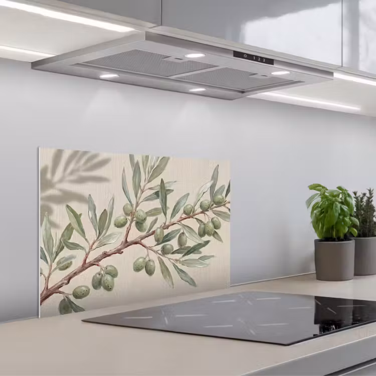 Olijftak - Bladeren - Natuur - Groen - Beige keuken achterwand spatscherm klein -3d_schuin