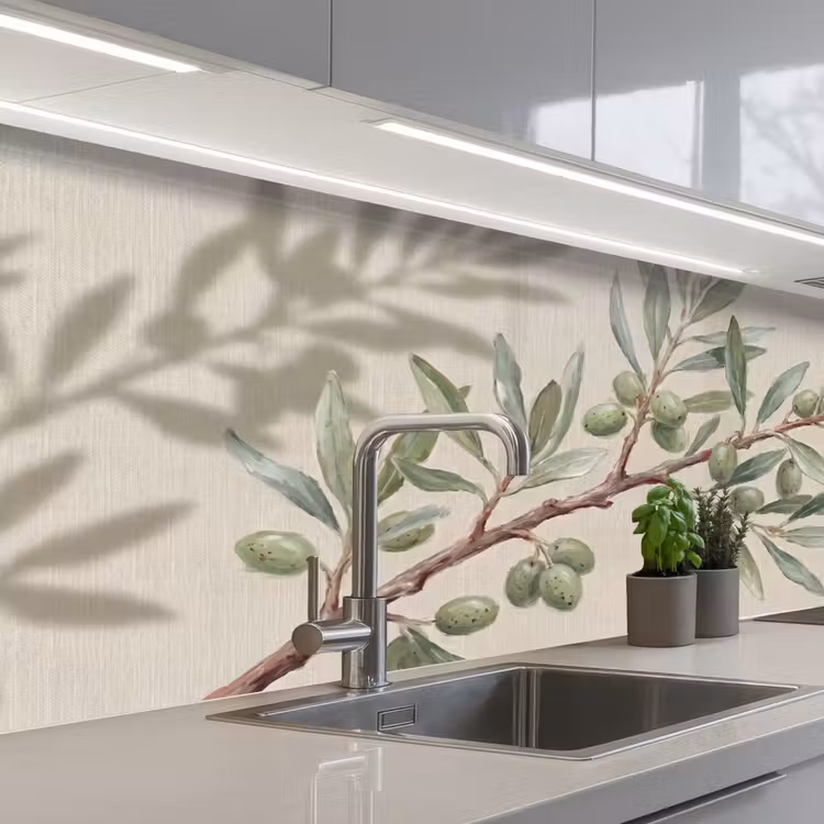 Olijftak - Bladeren - Natuur - Groen - Beige keuken achterwand 2 middel -3d_schuin