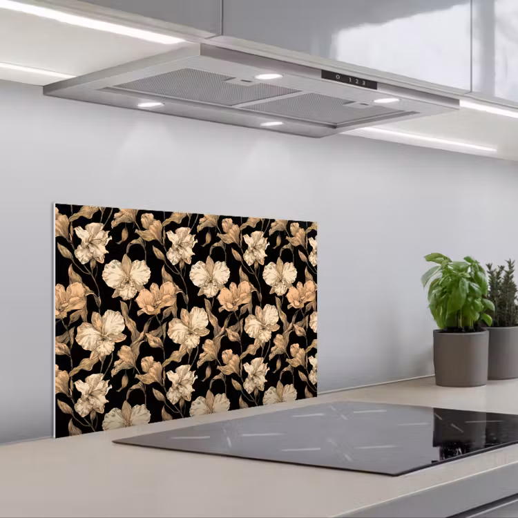 Orchideeën - Lijntekening - Patroon - Beige - Zwart keuken achterwand spatscherm klein 900 -3d_schuin