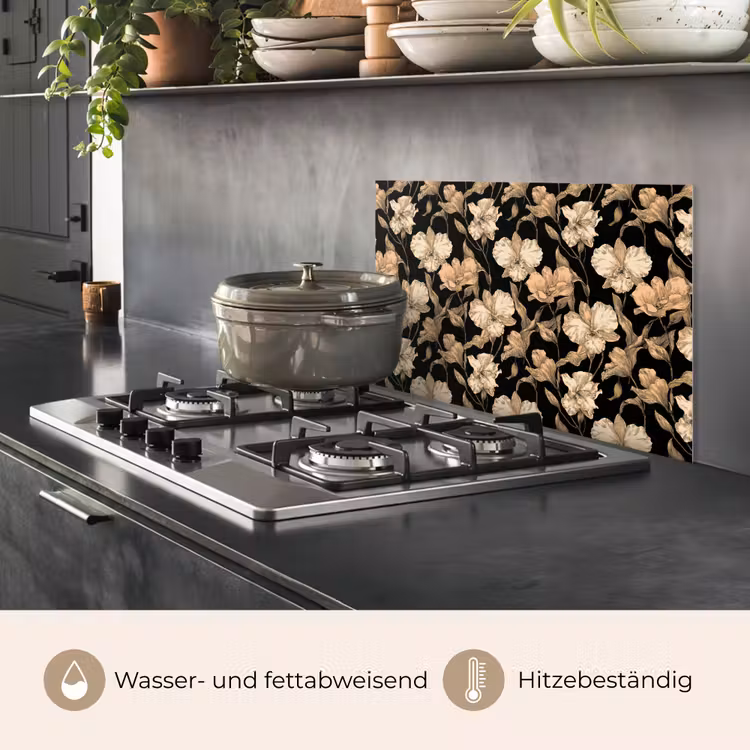 Orchideeën - Lijntekening - Patroon - Beige - Zwart keuken achterwand spatscherm klein 900 -usp_DE