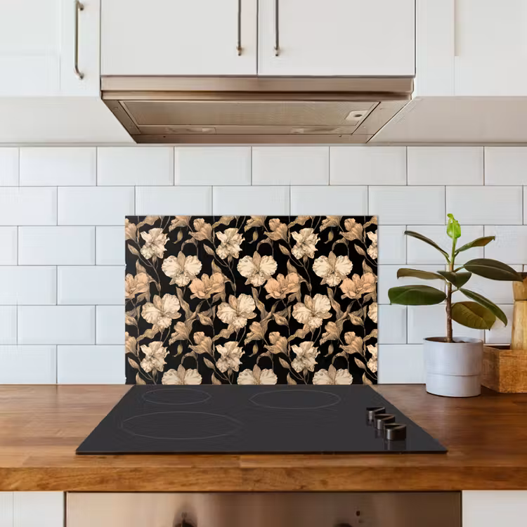 Orchideeën - Lijntekening - Patroon - Beige - Zwart keuken achterwand spatscherm klein 900 -sfeer2