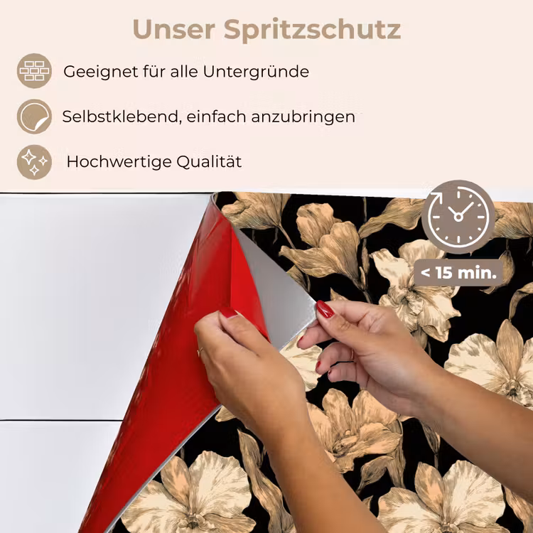 Orchideeën - Lijntekening - Patroon - Beige - Zwart keuken achterwand spatscherm klein 900 -spatscherm_DE