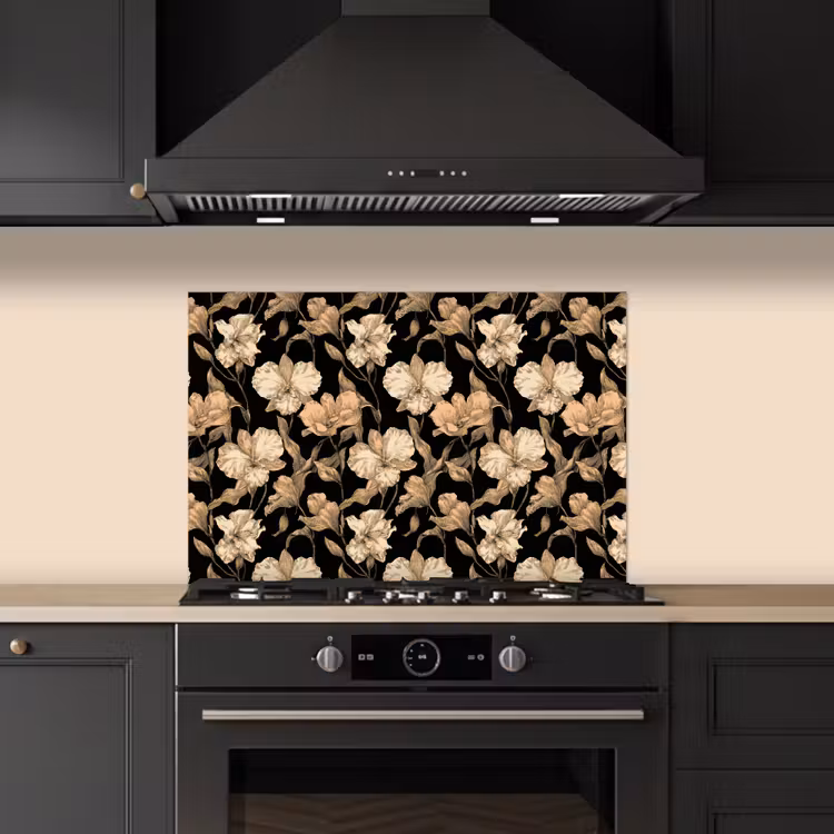 Orchideeën - Lijntekening - Patroon - Beige - Zwart keuken achterwand spatscherm klein 900 -sfeer1