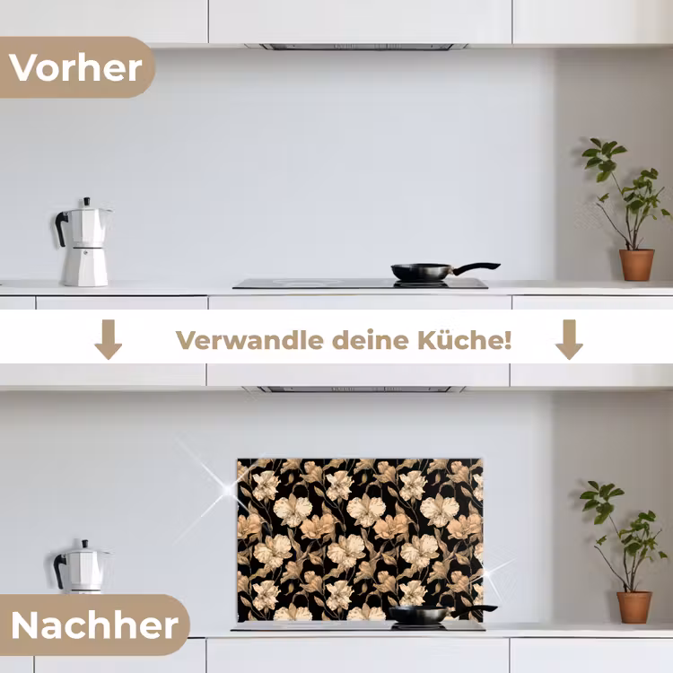Orchideeën - Lijntekening - Patroon - Beige - Zwart keuken achterwand spatscherm klein 900 -voor_na_DE