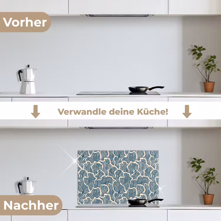 Organisch - Blauw - Crème - Schelpen keuken achterwand spatscherm klein 900 -voor_na_DE