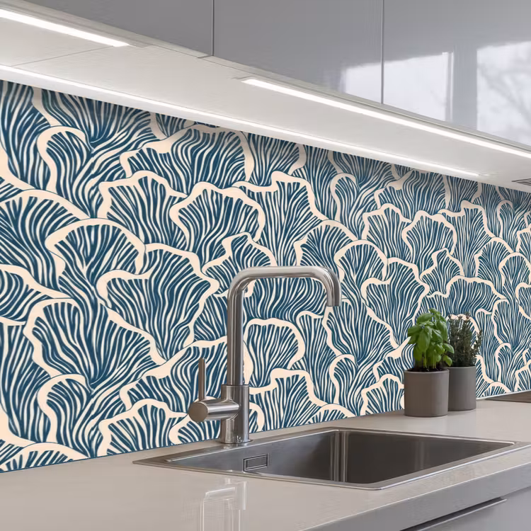 Organisch - Blauw - Crème - Schelpen keuken achterwand 2 middel 871 -3d_schuin