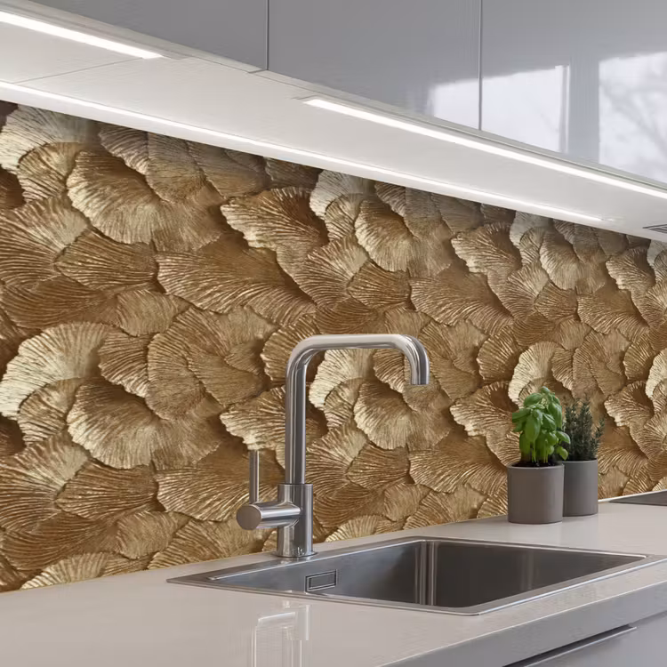 Organisch - Patroon - Bladeren - Goud keuken achterwand 2 middel 871 -3d_schuin