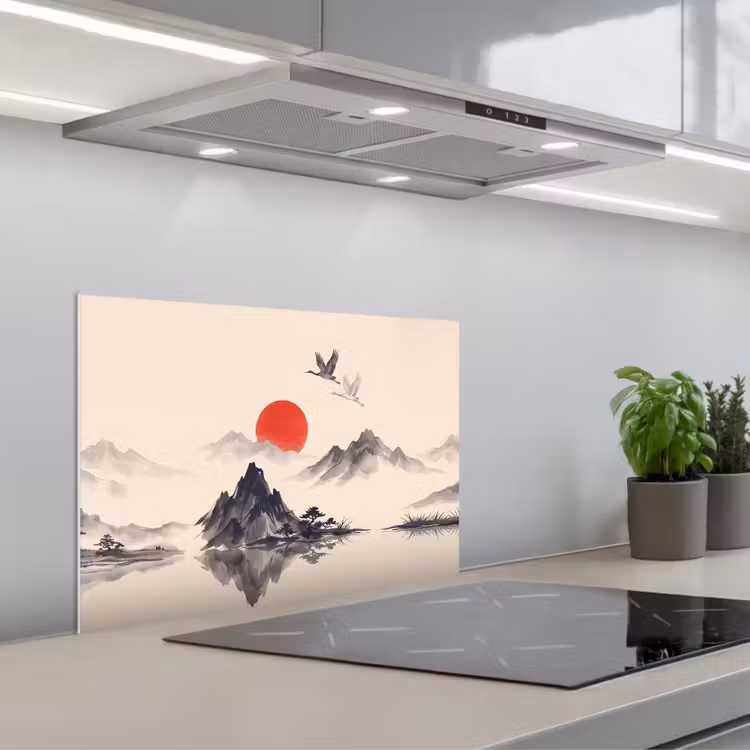 Oosters - Kraanvogels - Landschap keuken achterwand spatscherm klein -3d_schuin