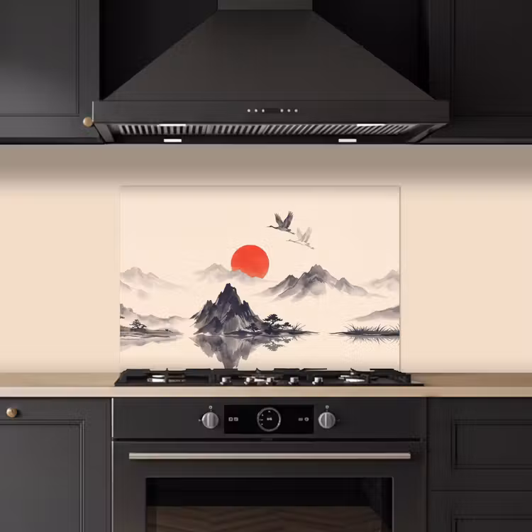 Oosters - Kraanvogels - Landschap keuken achterwand spatscherm klein -sfeer1