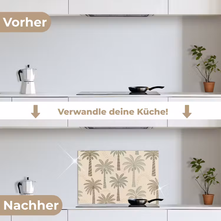Palmbomen - Patroon - Tropisch - Beige keuken achterwand spatscherm klein -voor_na_DE