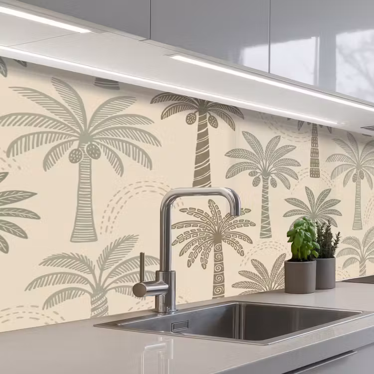 Palmbomen - Patroon - Tropisch - Beige keuken achterwand 2 middel -3d_schuin