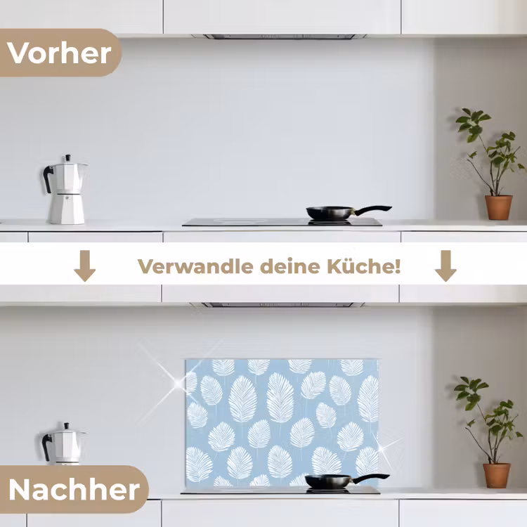 Palmbladeren - Naadloos - Patroon - Pastelblauw keuken achterwand spatscherm klein 900 -voor_na_DE