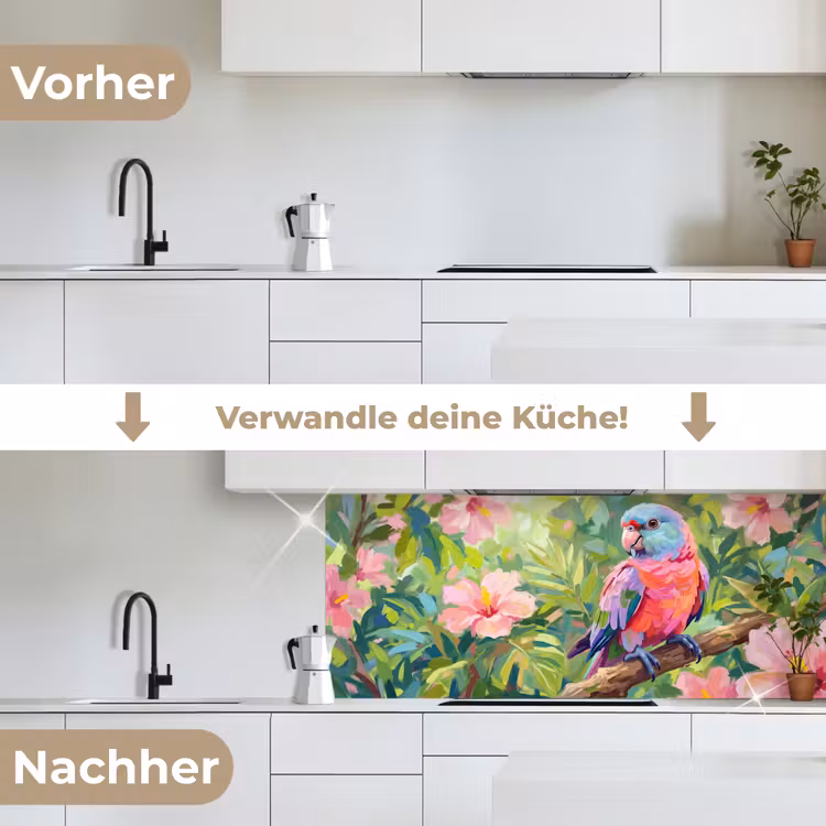 Papagaai - Hibiscusbloemen - Kleurrijk keuken achterwand 2 middel -voor-na_DE