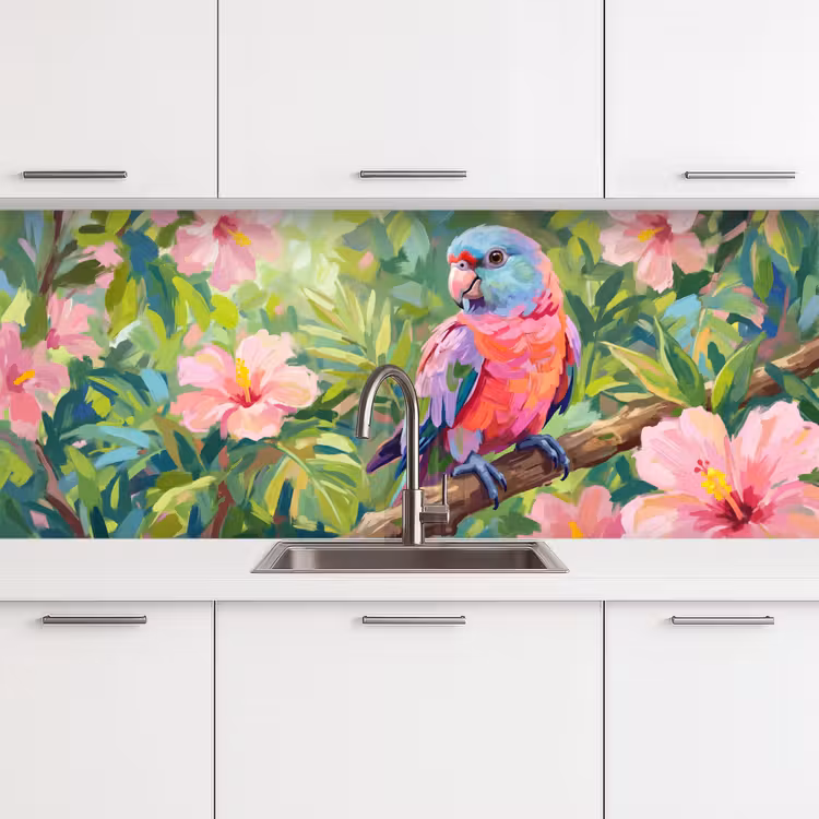 Papagaai - Hibiscusbloemen - Kleurrijk keuken achterwand 2 middel -3d