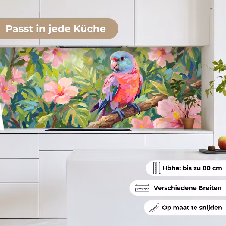 Papagaai - Hibiscusbloemen - Kleurrijk keuken achterwand 2 middel -sfeer4_DE