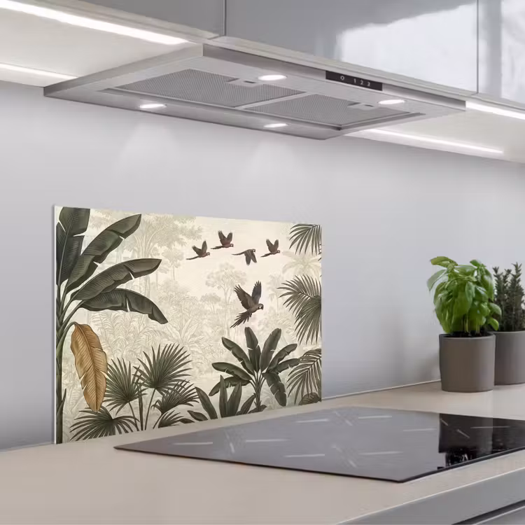 Papagaaien - Jungle - Tropisch - Green keuken achterwand spatscherm klein -3d_schuin