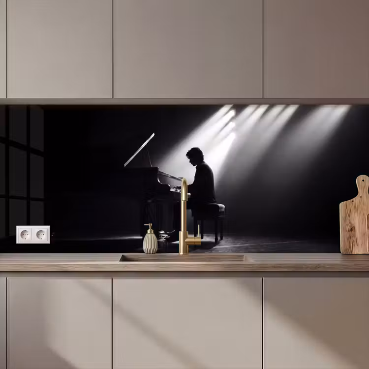 Persoon - Piano - Muziek - Zwart-wit - Podium keuken achterwand 2 middel zz_3dshopping