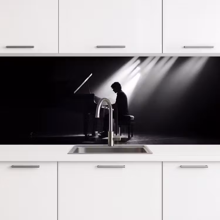 Persoon - Piano - Muziek - Zwart-wit - Podium keuken achterwand 2 middel -3d