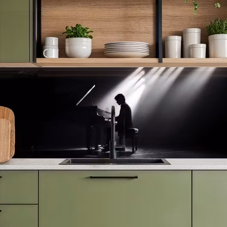 Persoon - Piano - Muziek - Zwart-wit - Podium keuken achterwand 2 middel -sfeer3