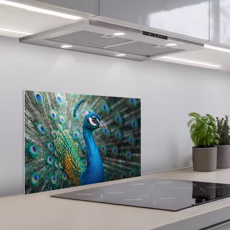 Pauw - Veren - Blauw keuken achterwand spatscherm klein -3d_schuin