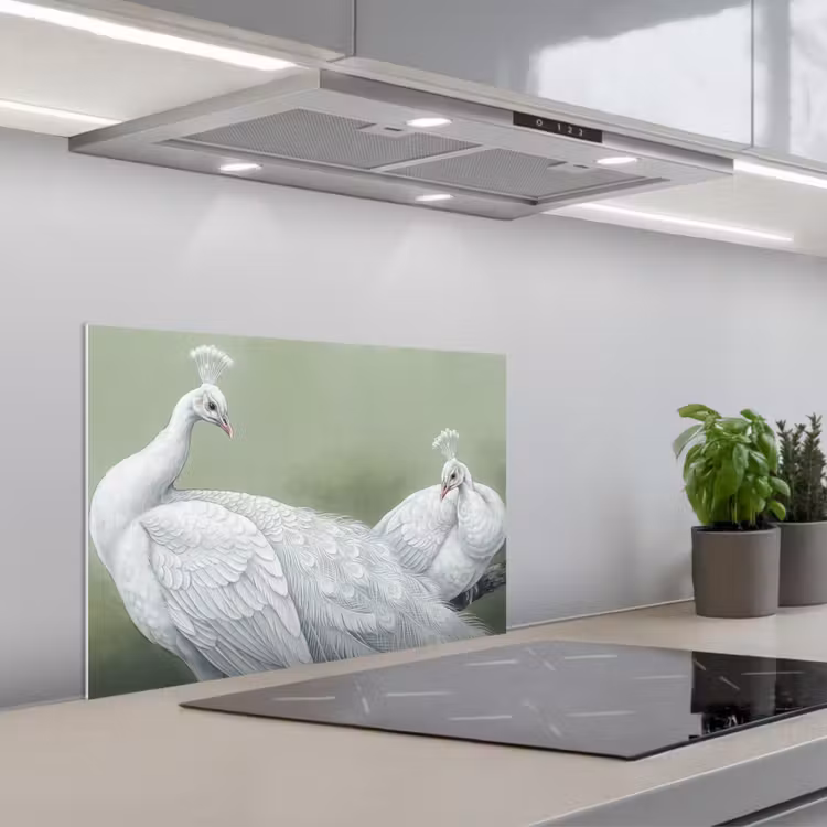 Pauwen - Wit - Natuur - Groen keuken achterwand spatscherm klein -3d_schuin