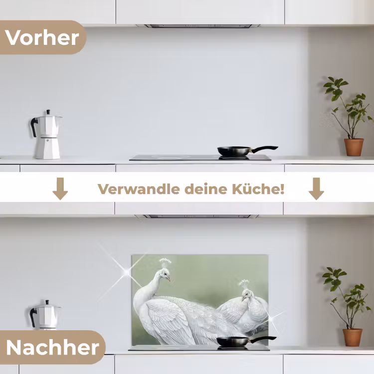 Pauwen - Wit - Natuur - Groen keuken achterwand spatscherm klein -voor_na_DE