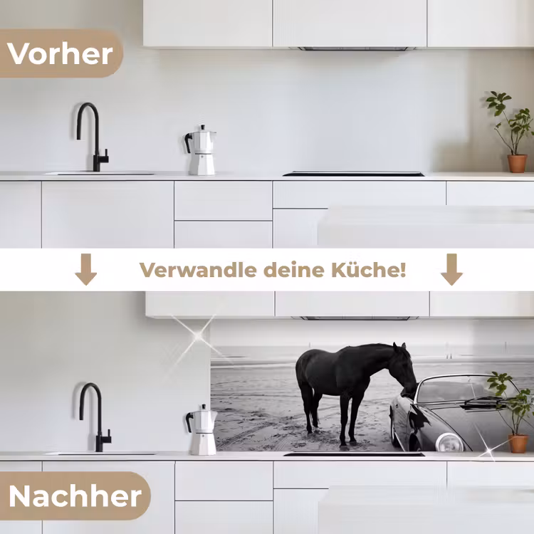 Paard - Auto - Zwart - Wit keuken achterwand 2 middel -voor-na_DE