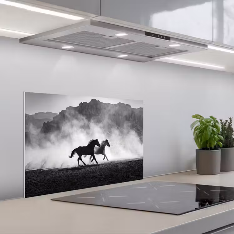 Paard - Ren - Stof - Zwart-wit - Dieren keuken achterwand spatscherm klein -3d_schuin