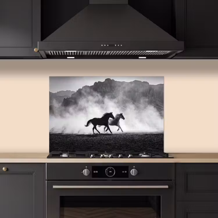 Paard - Ren - Stof - Zwart-wit - Dieren keuken achterwand spatscherm klein -sfeer1