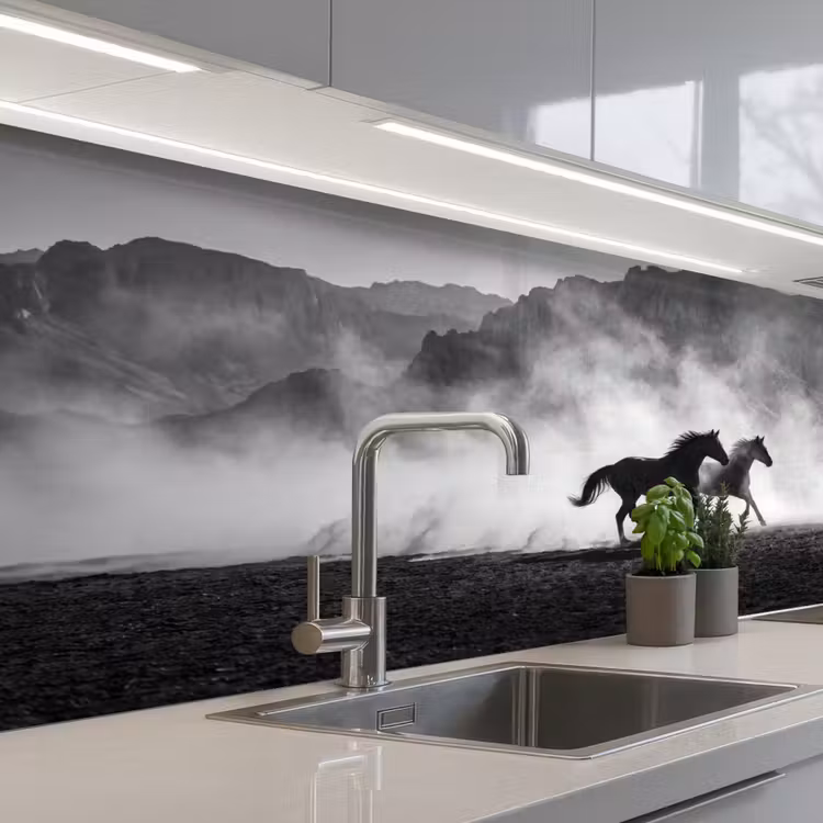 Paard - Ren - Stof - Zwart-wit - Dieren keuken achterwand 2 middel -3d_schuin