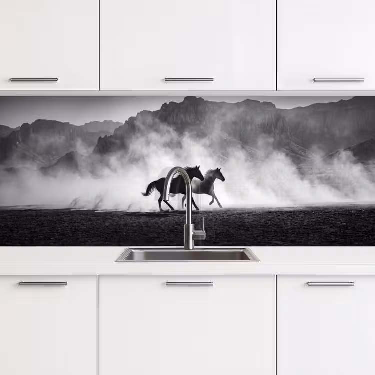 Paard - Ren - Stof - Zwart-wit - Dieren keuken achterwand 2 middel -3d